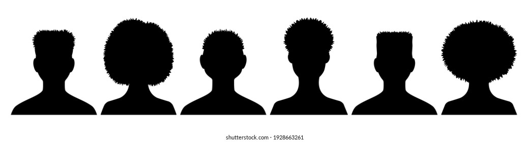 Silhouettes avatares a hombres y niñas ambientados. Jóvenes afroamericanos con elegantes peinados para perfiles de medios sociales y cuentas vectoriales personales.