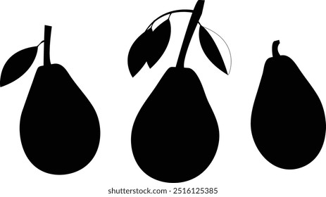 Silhouettes of an avocado fruit and leaves in black on a white background. Set of illustrations.