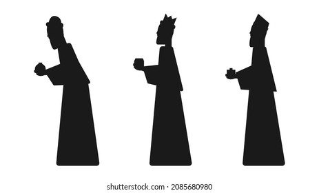 Silhouettes of baby magicians from the east or wise men. Waxes with gifts go to worship the newborn Jesus. Feast of Christmas. Holy night. Vector illustration.