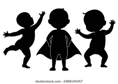 Silhouettes of baby vector art set kids dancing and a baby superhero isolated on white background