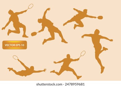 siluetas de atletas de bádminton jugando, sosteniendo calcetines de plumas. pose de atleta deportivo de Arte vectorial aislado en el fondo