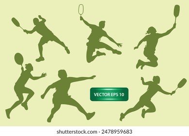 siluetas de atletas de bádminton jugando, sosteniendo calcetines de plumas. pose de atleta deportivo de Arte vectorial aislado en el fondo