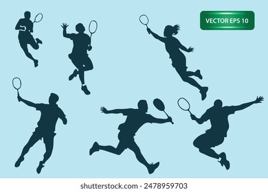 siluetas de atletas de bádminton jugando, sosteniendo calcetines de plumas. pose de atleta deportivo de Arte vectorial aislado en el fondo