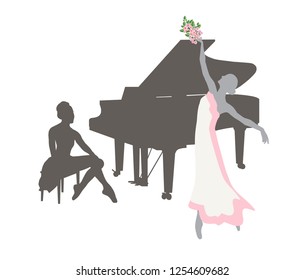 silhouettes of a ballerina with a grand piano and a dancing girl