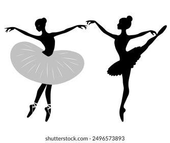 Silhouettes of ballerinas on a white background. Ballerina in a tutu. Ballet dancing. Set of ballet dancers silhouettes. 