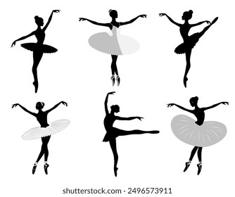 Silhouettes of ballerinas on a white background. Ballerina in a tutu. Ballet dancing. Set of ballet dancers silhouettes. 