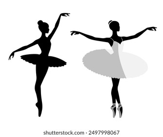 Silhouettes of ballerinas on a white background. Ballerina in a tutu. Ballet dancing. Set of ballet dancers silhouettes. 