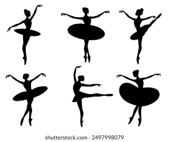 Silhouettes of ballerinas on a white background. Ballerina in a tutu. Ballet dancing. Set of ballet dancers silhouettes. 