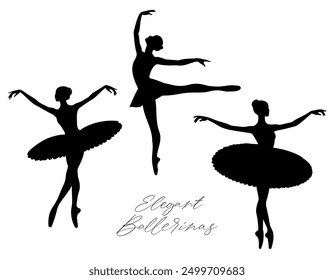 Silhouettes of ballerinas on a white background. Ballerina in a tutu. Ballet dancing. Set of ballet dancers silhouettes. 