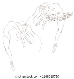 Silhouettes of ballerinas in pointe, swimsuit and tutu skirt in dance, with long hair. Line art vector illustration