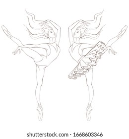 Silhouettes of ballerinas in pointe, swimsuit and tutu skirt in dance, with hair bun on their head. Line art vector illustration