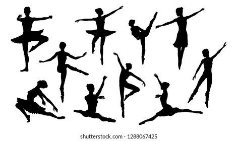 Silhouettes of a ballet dancer dancing in various poses and positions