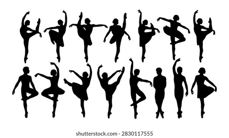 Silhouettes of ballet dancers showcasing different poses and movements, emphasizing grace, flexibility, and artistic expression in dance.