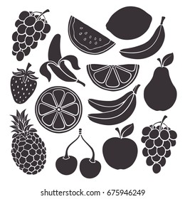 Silhouettes of banana, cherry, strawberry, pineapple, lemon, watermelon and other farm and tropical fruits and berries. Vector illustration set. Healthy vegetarian food. Isolated on white background