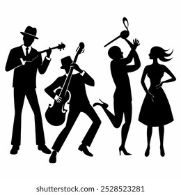 Siluetas de una banda tocando música jazz, un guitarrista, un bajista, un baterista y una mujer bailando.  Perfecto para un club de jazz o un diseño con temas musicales, este gráfico de Vector evoca una sensación retro.