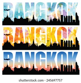 Silhouettes of Bangkok most famous landmarks with colorful sky forming the word. Editable vector illustration with elements as separate objects. Airplane can be (re)moved.