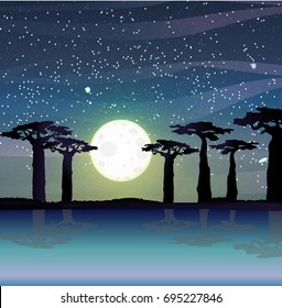 Silhouettes of baobabs on the shore of an African pond.. Starry blue sky, stars and meteorites, clouds. Majestic beautiful vector landscape can be used in newsletter, brochures, postcards, banner. 