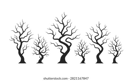Silhouettes of bare, spooky leafless trees of various sizes arranged horizontally on a clean white background for Halloween design.