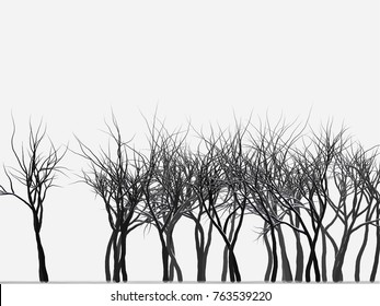 Silhouettes of bare winter trees on a gray background