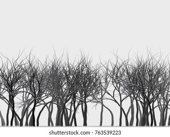 Silhouettes of bare winter trees on a gray background