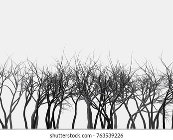 Silhouettes of bare winter trees on a gray background