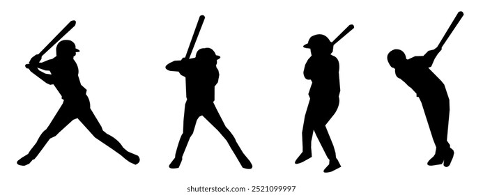 Silhouettes of baseball players arranged in different poses. Vector, Icon, Illustration.