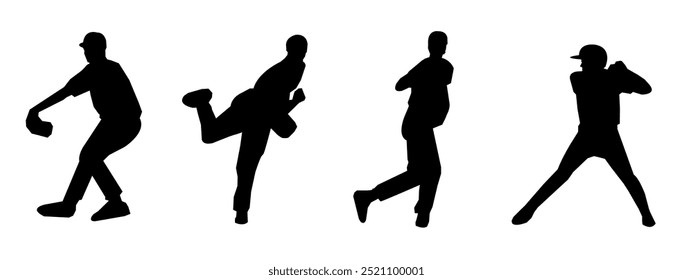 Silhouettes of baseball players arranged in different poses. Vector, Icon, Illustration.