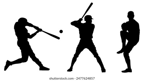 Silhouettes, Baseball Players Silhouettes, Collection, Sport, Silhouette, Lifestyle, Isolated, Character, Ball, Black, Vector illustration	