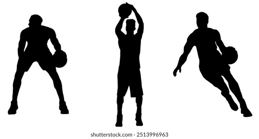 Silhouettes, Basketball Players Silhouettes, Collection, Silhouette of Sport Men, Jump, Run, Ball, Lifestyle, Playoff, Dynamic, Vector Illustration	