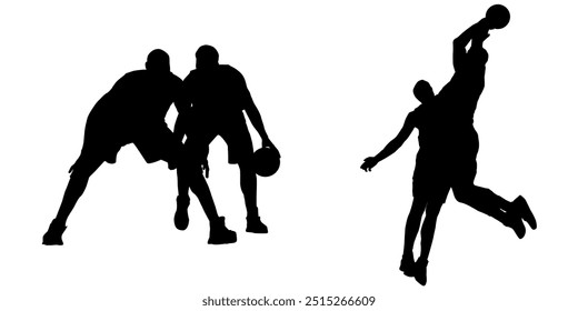 Silhouetten, Basketballspieler Silhouetten, Basketball, Sammlung, Sport-Silhouetten, Jump, Run, Ball, Lifestyle, Playoff, Dynamisch, Spieler, Einzeln, Vektorgrafik