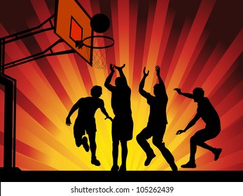 Silhouettes of basketball players on shining wave abstract background. EPS10