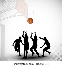 Silhouettes of a basketball players playing basket ball match on abstract grungy basketball court background. EPS 10.