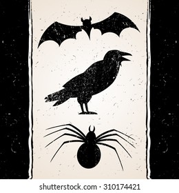 Silhouettes bat, crow and spider