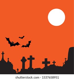 silhouettes of bats, cemetry and moon on orange background for Halloween