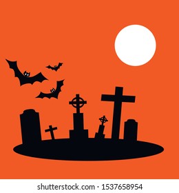 silhouettes of bats, cemetry and moon on orange background for Halloween