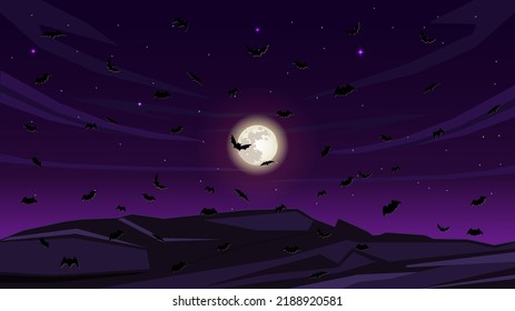 silhouettes bats flying in the moon night sky. Vector illustration