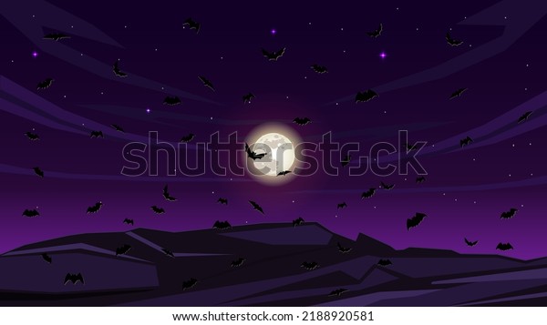 silhouettes bats flying in the moon night\
sky. Vector\
illustration