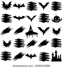 Silhouettes of bats, ghosts, pumpkins, and castles on white