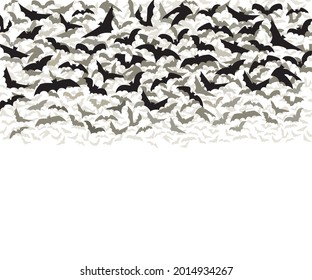 Silhouettes of bats isolated on white background. Pinioned black flittermouse swarm. Haotic flying flock of bats vampire. Scary Halloween traditional design element. Vector illustration. eps 10.