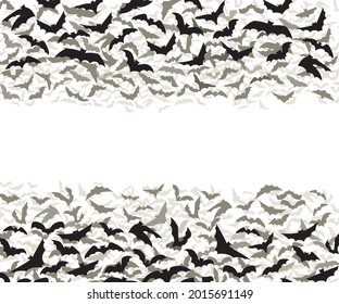 Silhouettes of bats isolated on white background. Pinioned black flittermouse swarm. Haotic flying flock of bats vampire. Scary Halloween traditional design element. Vector illustration. eps 10.