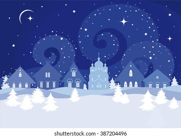 Silhouettes beautiful creative Russian village houses, an Orthodox Christian church, trees and snowdrifts on a background of a blizzard and the night sky.