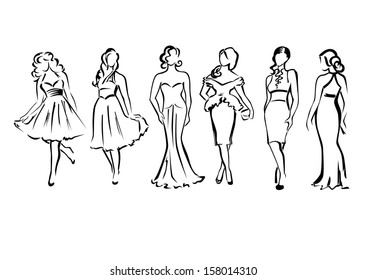 Silhouettes of beautiful girls dressed in fancy dresses and costumes isolated over white background.