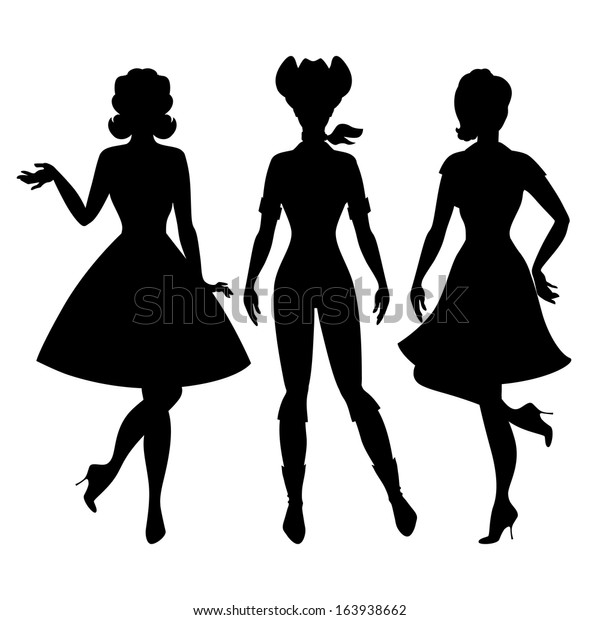 Silhouettes Beautiful Pin Girls 1950s Style Stock Vector Royalty Free 163938662