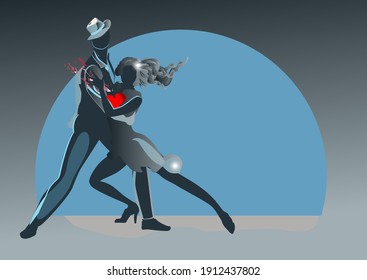 Silhouettes of a beautiful romantic couple in passionate Latin American dances with a heart. Salsa festival. Hand drawn poster background.