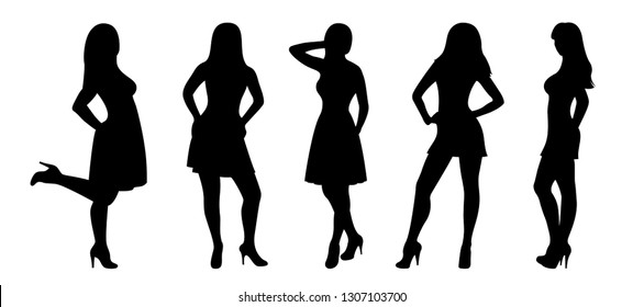 Set Black Silhouettes Fashion Model Girls Stock Vector (Royalty Free ...