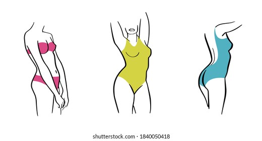 Silhouettes of beautiful women in swimsuit. Line art female bodies in bikini. Vector illustration. 