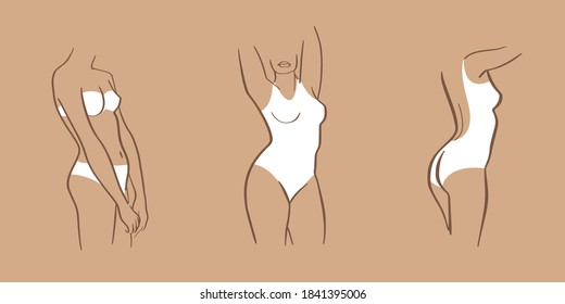 Silhouettes of beautiful women in swimsuit. Line art female bodies in bikini. Vector illustration. 