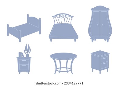 Silhouettes of bedroom furniture vector illustrations set. Collection of cartoon drawings of grey silhouettes of beds, wardrobe, table, cabinets on white background. Furniture, interior design concept