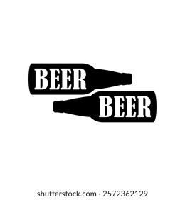 Silhouettes of beer bottles together. The word beer on glass bottle. Vector illustration on white background.