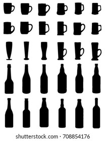 Silhouettes of beer mugs and glasses on a white background